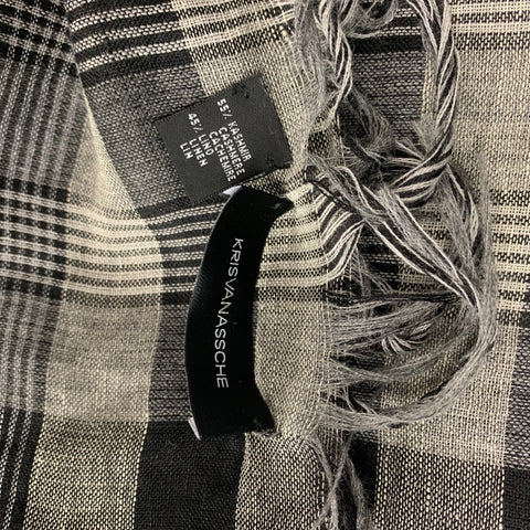 KRIS VAN ASSCHE Grey Black Checkered Cashmere Linen Scarf