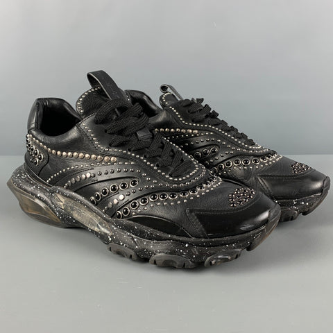VALENTINO Size 8 Black Silver Studded Leather Lace Up Sneakers