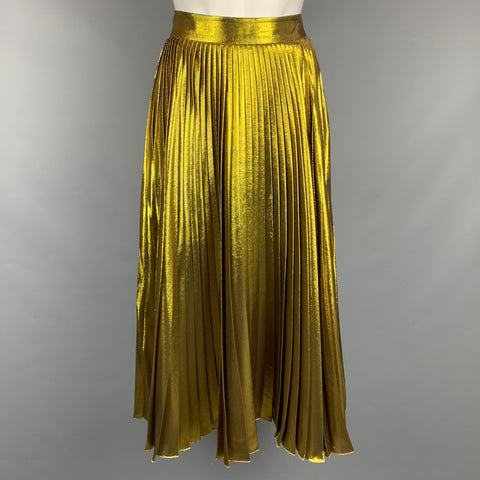GUCCI SS 2015 Taille S Jupe mi-mollet plissée en soie dorée / polyester