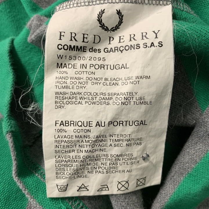 FRED PERRY x COMME des GARCONS SHIRT Size L Green Grey Stripe Cotton Buttoned Polo