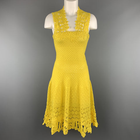 OSCAR DE LA RENTA Size XS Yellow Cotton Hand Knit Crochet Lace Sleeveless Cocktail Dress