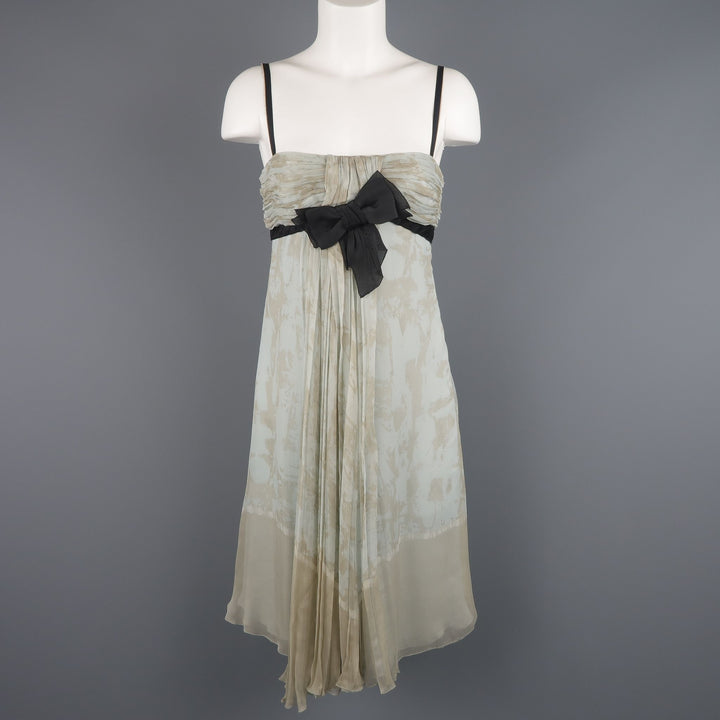 PRADA Size 6 / IT 42 Blue Pleated Marbled Silk Chiffon Bow Dress