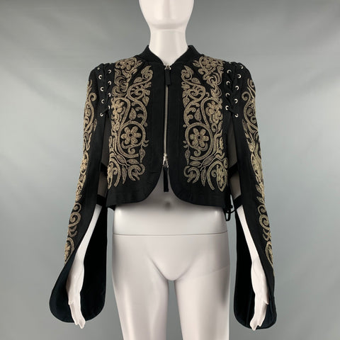 DRIES VAN NOTEN Taille M Veste courte en laine argentée noire perlée