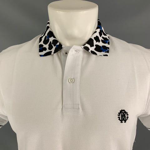 ROBERTO CAVALLI Size M White Black Cotton Short Sleeve Polo