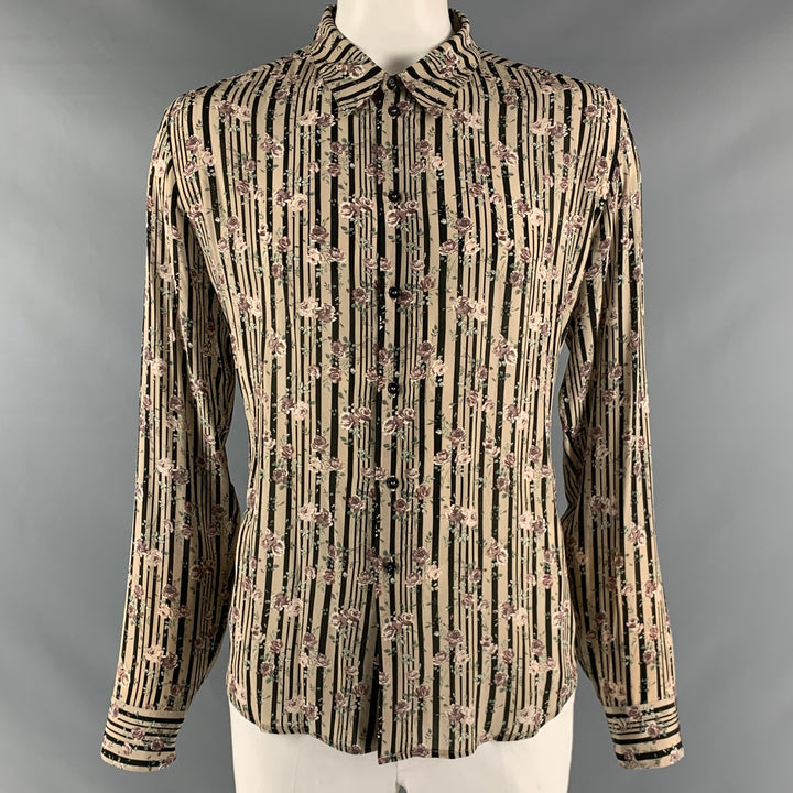 GARCONS INFIDELES Size XXL Beige Black Floral Silk Button Up Long Sleeve Shirt