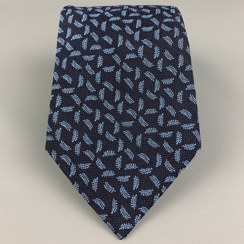 HERMES Navy & Blue Silk Leaf Print Tie