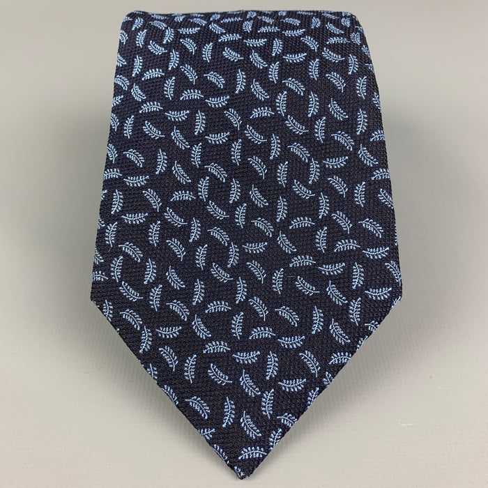 HERMES Navy & Blue Silk Leaf Print Tie