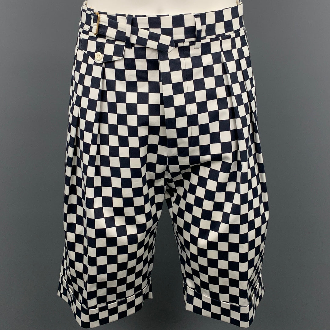 WOOSTER + LARDINI Size 34 Black & White Checkered Cotton Pleated Shorts