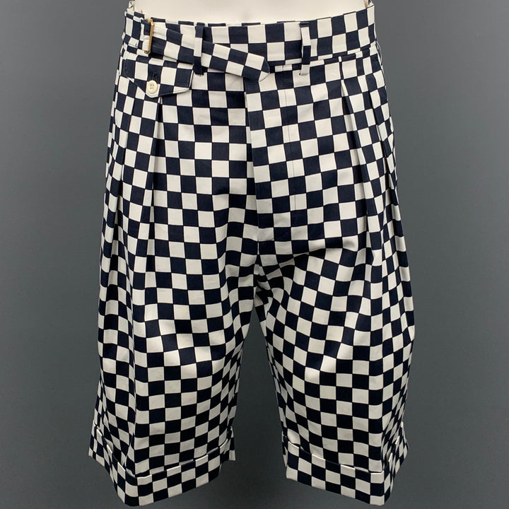 WOOSTER + LARDINI Size 34 Black & White Checkered Cotton Pleated Shorts