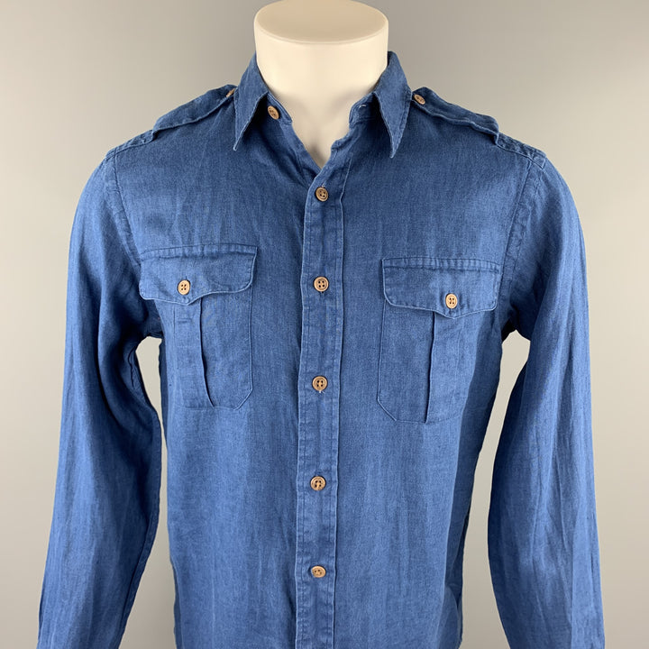 RALPH LAUREN Taille S Chemise à manches longues boutonnée en lin bleu