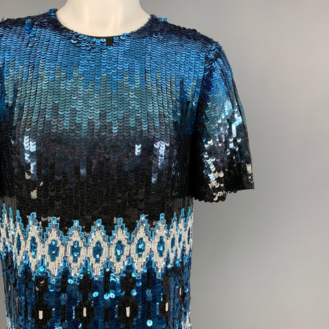 PRABAL GURUNG Size XS Blue Black Embroidered Silk Sequined Short Sleeve Dress Top