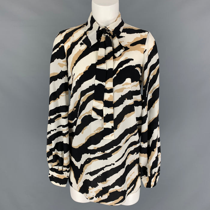 GUCCI Size 4 Beige Black & White Silk Print Hidden Placket Blouse