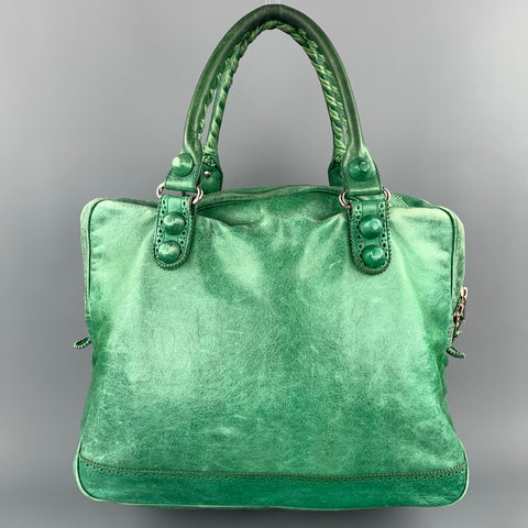 BALENCIAGA Distressed Green Leather Top Handles Handbag