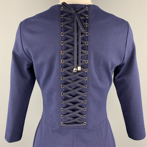 ESCADA Vestido tubo con cordones y manga tres cuartos en azul marino profundo, talla 6