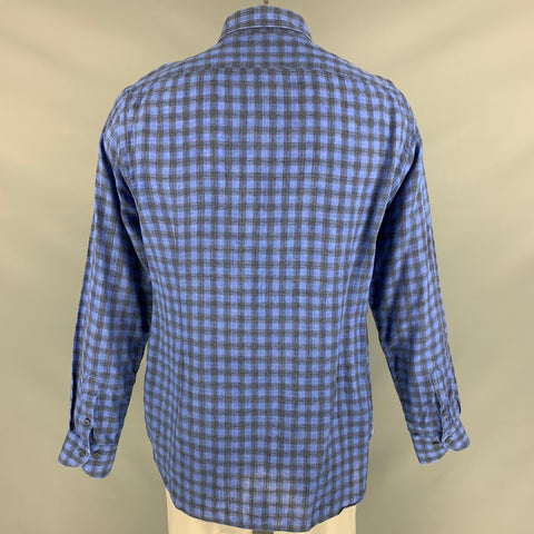 SAKS FIFTH AVENUE Size L Blue Black Checkered Linen Long Sleeve Shirt