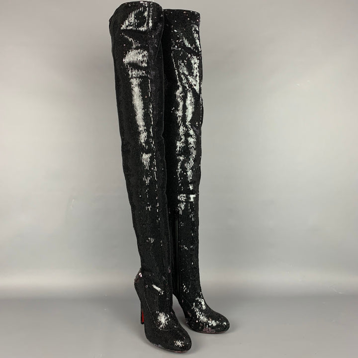 CHRISTIAN LOUBOUTIN Size 7 Black Sequined Over The Knee Round Toe Louise Boots