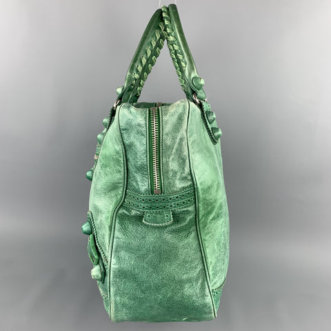 BALENCIAGA Distressed Green Leather Top Handles Handbag