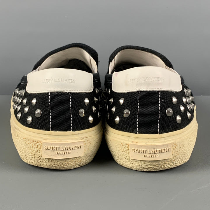 SAINT LAURENT Size 11 Black White Studded Canvas Slip On Sneakers