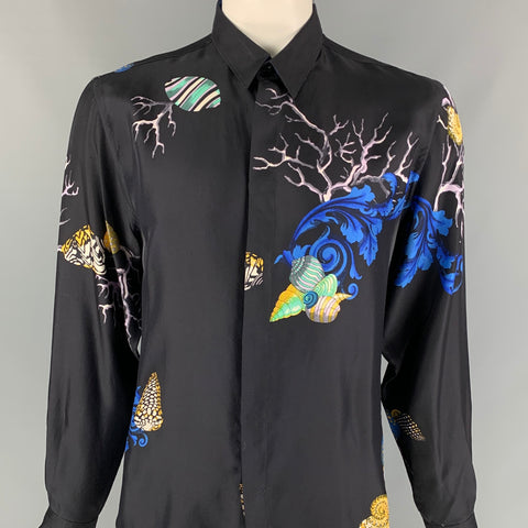 VERSACE COLLECTION Size L Black Print Silk Hidden Placket Long Sleeve Shirt
