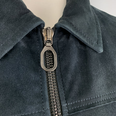 LANVIN Size L Navy Suede Zip Blouson Jacket