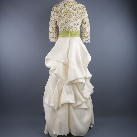 MONIQUE LHUILLIER Size 10 Cream Gold Green Lace Bodice Bolero Gown