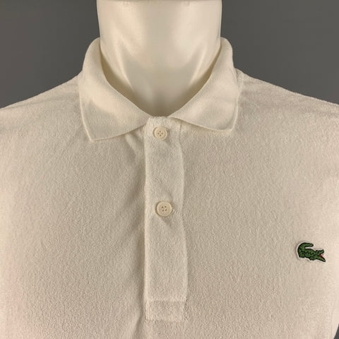 LACOSTE Size M White Terry Cloth Cotton  Elastane Short Sleeve Polo