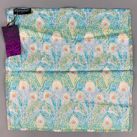 LIBERTY OF LONDON Blue Green Peacock Cotton Pocket Square
