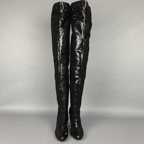 CHRISTIAN LOUBOUTIN Size 7 Black Sequined Over The Knee Round Toe Louise Boots