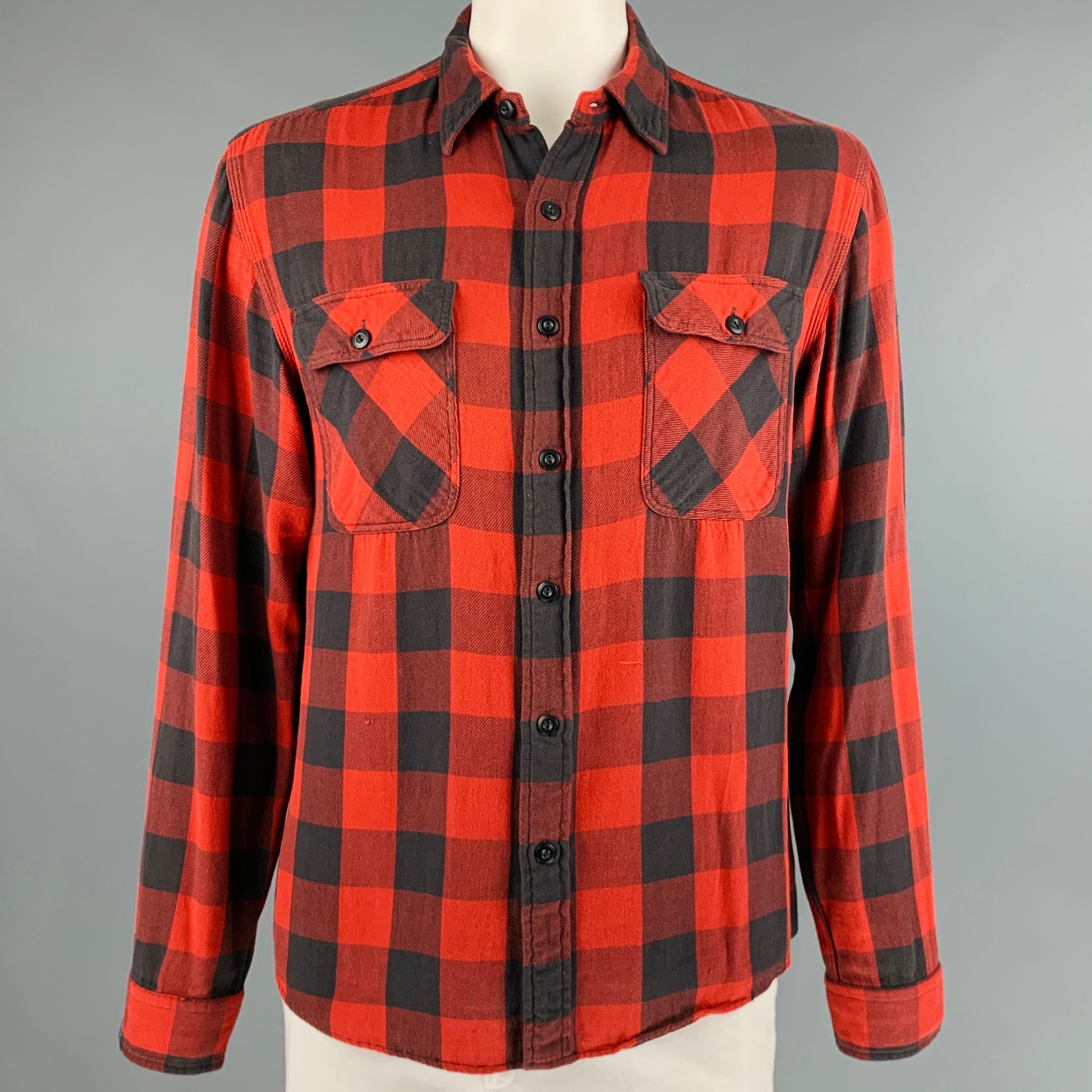 RRL by RALPH LAUREN Size L Red Black Buffalo Plaid Cotton Long Sleeve Shirt