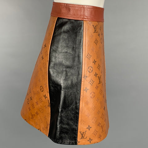 LOUIS VUITTON SS 2021 Size 4 Brown Leather Tattoo Monogram A-line Mini Skirt