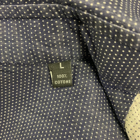 FINAMORE Size L Navy White Dots Cotton Button Up Long Sleeve Shirt