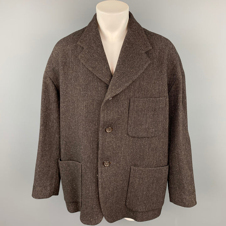 DOLCE &amp; GABBANA Taille 40 Manteau surdimensionné en laine à chevrons marron / nylon à revers cranté