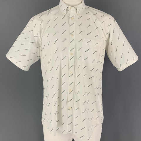 BALENCIAGA Size M White Black Logo Cotton Button Down Short Sleeve Shirt