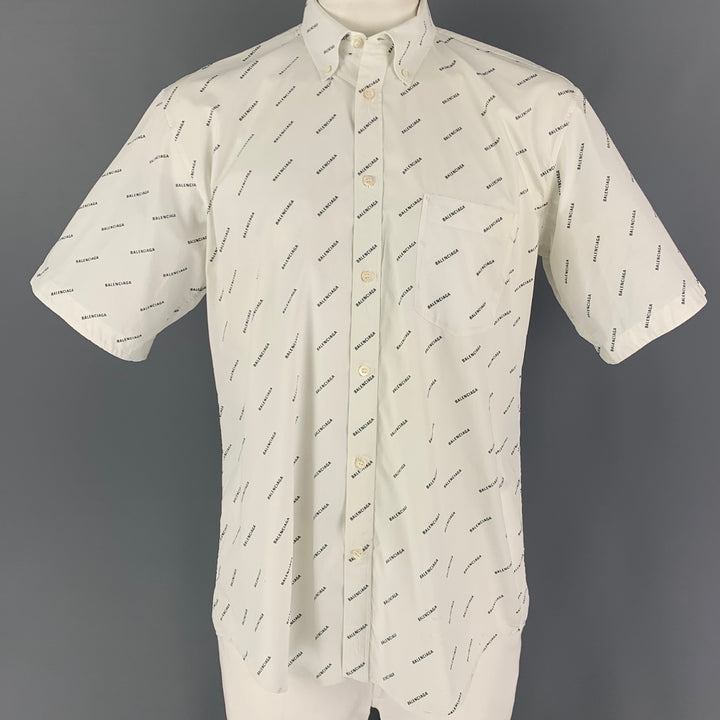 BALENCIAGA Size M White Black Logo Cotton Button Down Short Sleeve Shirt