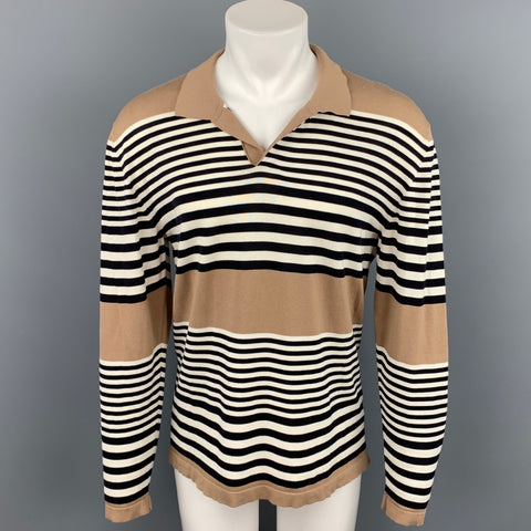 MR P. Size M Taupe Stripe Cotton V-Neck Pullover Sweater