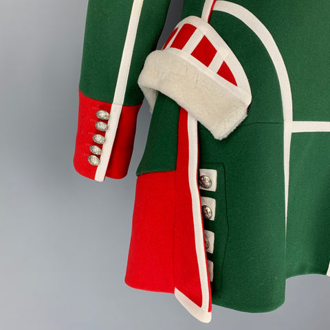 BURBERRY Otoño 2017 Talla 8 Abrigo ceremonial de lana con ribete de piel de oveja verde y rojo