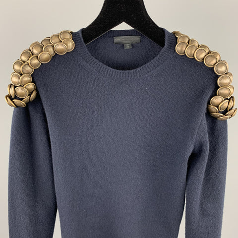 BURBERRY PRORSUM Fall 2010 Size XS Navy Knitted Wool Gold Button Epaulettes Crew-Neck Sweater