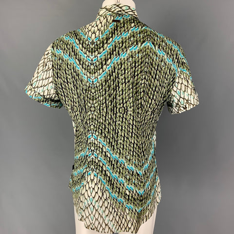 JUST CAVALLI Size L White Olive Blue Print Cotton Button Up Short Sleeve Shirt
