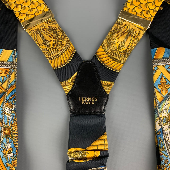 HERMES Black & Gold Silk Leather Suspenders