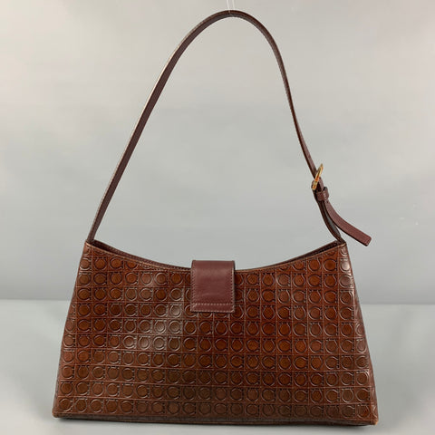 FERRAGAMO Brown Leather Embossed Shoulder Bag