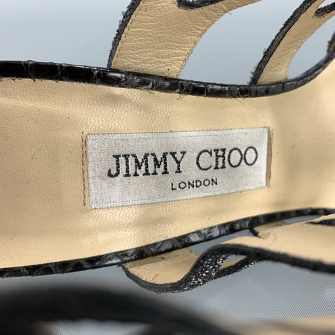 JIMMY CHOO Talla 7 Sandalias de tiras de cuero con purpurina y piel de serpiente negra
