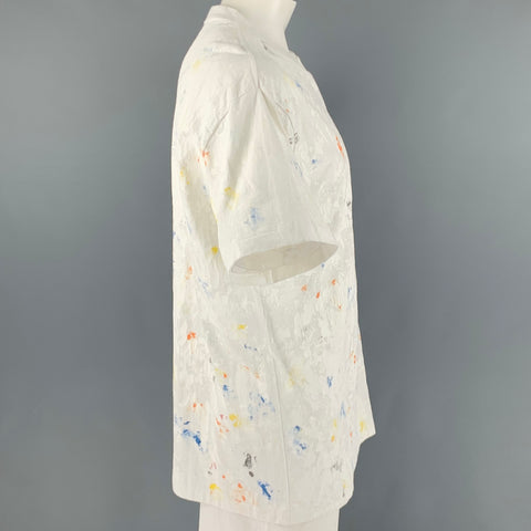 JOHN ELLIOTT Taille L T-shirt à col rond en coton éclaboussé multicolore blanc