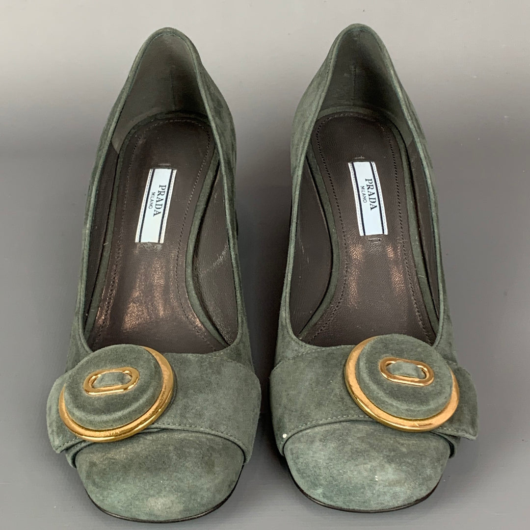 PRADA Size 7 Grey & Gold Suede Chunky Heel Pumps