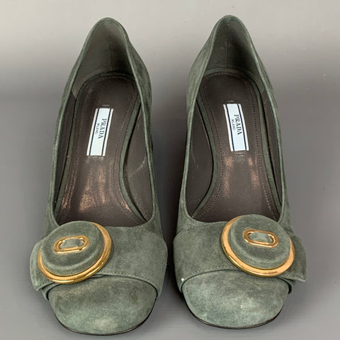 PRADA Size 7 Grey & Gold Suede Chunky Heel Pumps