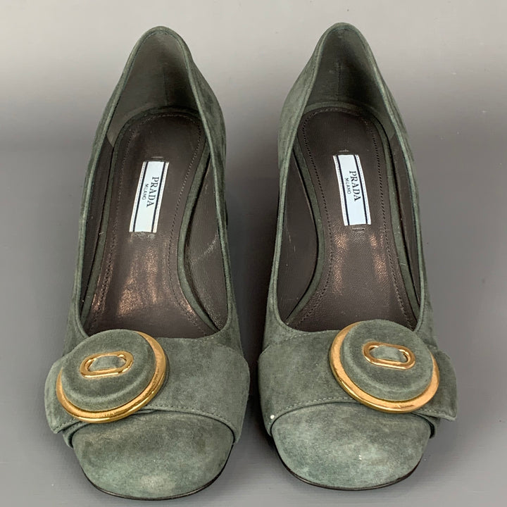 PRADA Size 7 Grey & Gold Suede Chunky Heel Pumps