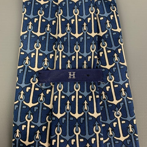 HERMES 547 1A Navy White Anchors Silk Tie