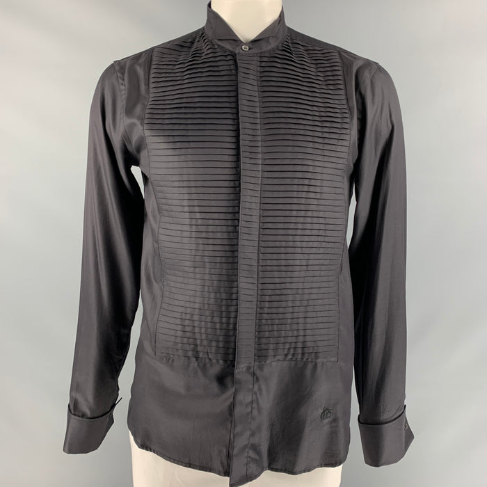 JOHN GALLIANO Size L Black Pleated Cotton Tuxedo Long Sleeve Shirt