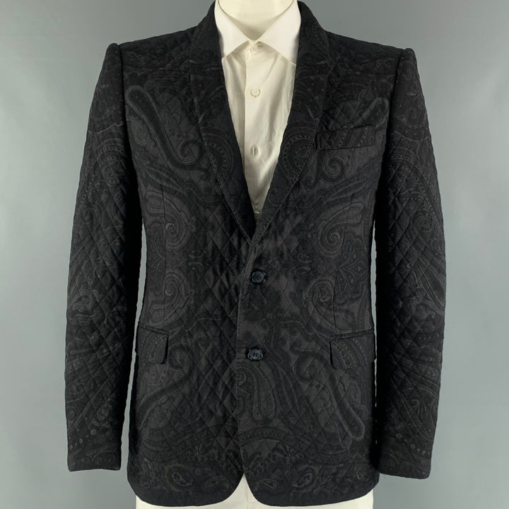 ETRO  Size 44 Black Grey Quilted Wool Silk Shawl Collar Sport Coat