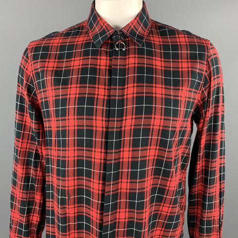 NEIL BARRETT Size L Red & Black Tartan Cotton Hidden Buttons Long Sleeve Shirt