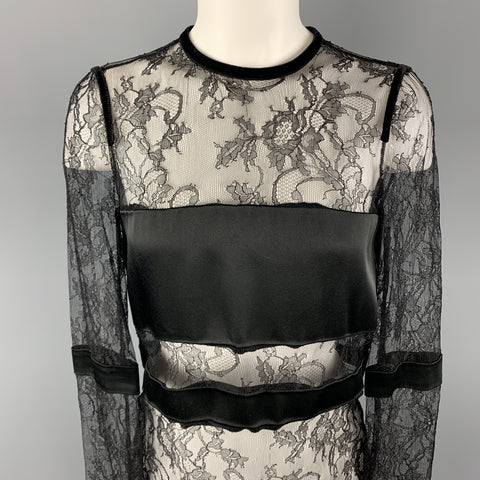EMANUEL UNGARO Size 2 Black Lace Satin Stripe Panel Blouse